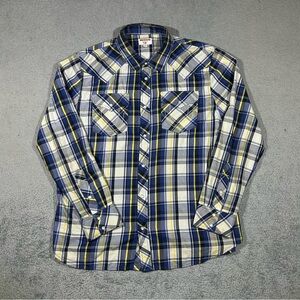 True Religion Yellow & blue plaid cotton button-up shirt Men’s 2XL #610